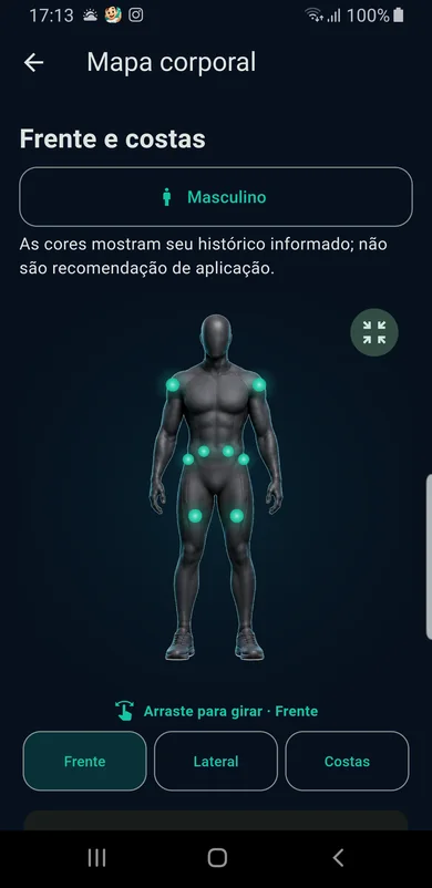 Tela real do mapa corporal do Meu Jairinho com manequim masculino e vistas frontal, lateral e traseira